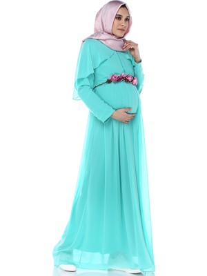 Moda Labio Baby Shower Melek Kol Tesettür Mint Yeşil Hamile Elbisesi