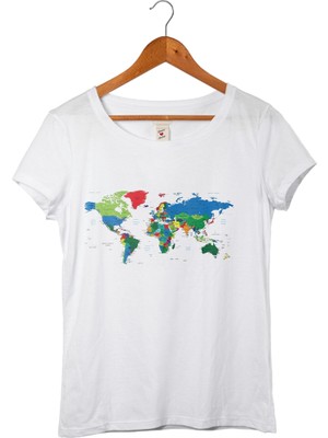 Muggkuppa Dünya Haritası Kadın Beyaz T-Shirt