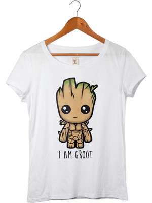 Muggkuppa Galaksinin Koruyucuları-İ'M Groot Kadın Beyaz T-Shirt