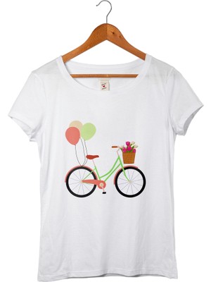 Muggkuppa Bsiklet Baskılı Kadın Beyaz T-Shirt