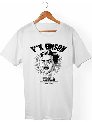 Muggkuppa Tesla Edison Unisex-Erkek Beyaz T-Shirt