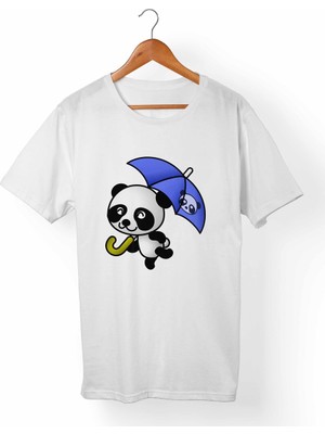 Muggkuppa Panda Şemsiye Baskılı Unisex-Kadın Beyaz T-Shirt
