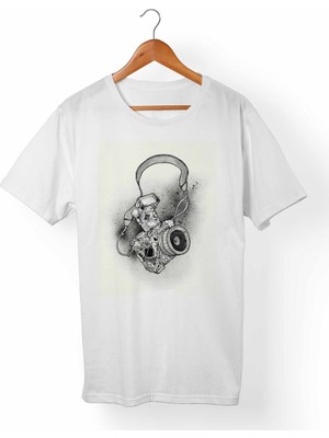 Muggkuppa Fotoğraf Makinası Baskılı Unisex-Erkek Beyaz T-Shirt
