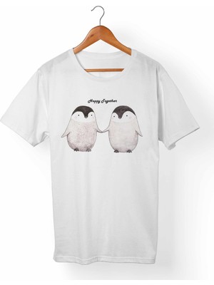Muggkuppa Penguen Baskılı Unisex-Kadın Beyaz T-Shirt