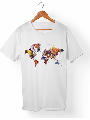 Muggkuppa Dünya Haritası Unisex-Erkek Beyaz T-Shirt