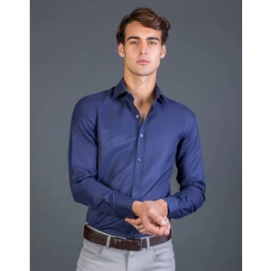 Slim Fit Armürlü Mavi Erkek Gömlek