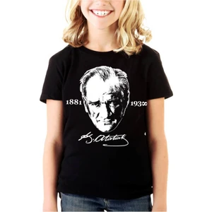 İmzalı Atatürk Siyah Kısa Kollu Unisex Çocuk T-Shirt