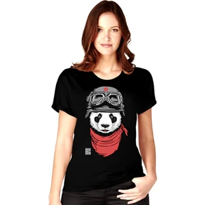 Bandanalı Panda Siyah Kısa Kollu Kadın Kadın T-Shirt