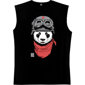 Bandanalı Panda Siyah Kesik Kol Kolsuz T-Shirt Atlet