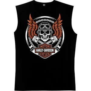 Motorcu Kurukafa Siyah Kesik Kol Kolsuz T-Shirt Atlet