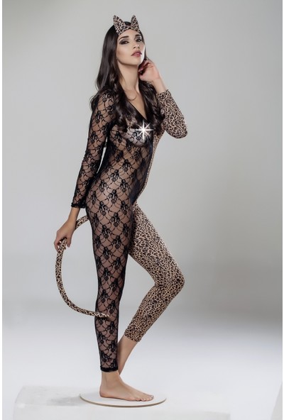 Moonli̇ght 9024 Leopar Desenli̇ Dantel Cat Sui̇t Kedi̇ Kadın Kostümü