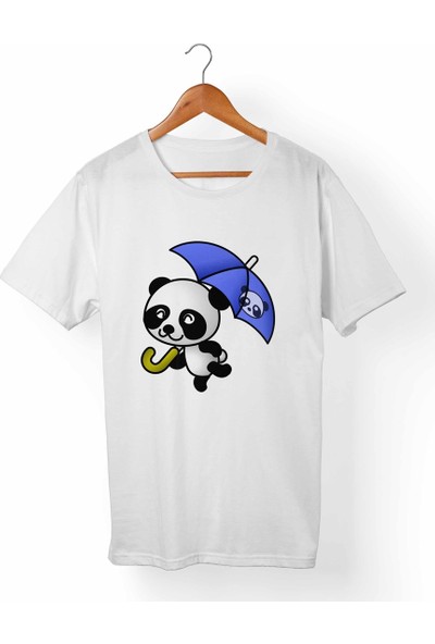Muggkuppa Panda Şemsiye Baskılı Unisex-Erkek Beyaz T-Shirt