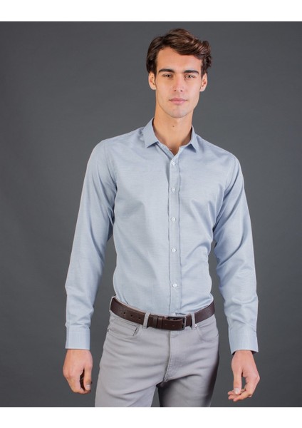 Slim Fit Mavi Armürlü Erkek Gömlek