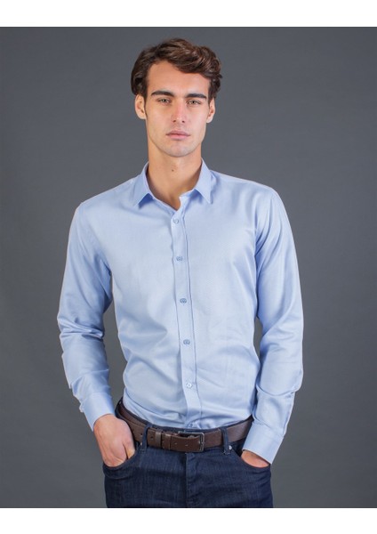 Slim Fit Mavi Armürlü Erkek Gömlek