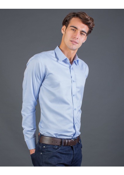 Slim Fit Mavi Armürlü Erkek Gömlek fiyatları