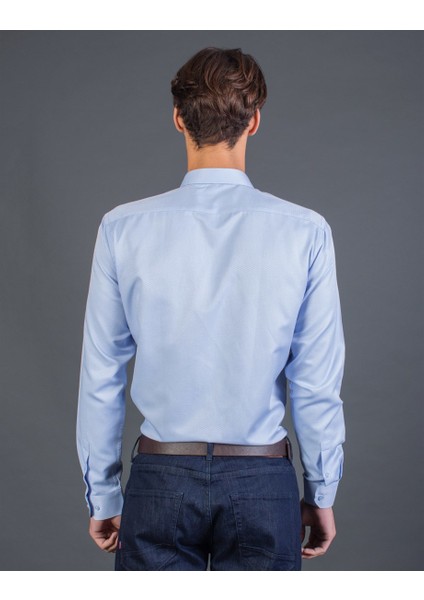 Slim Fit Mavi Armürlü Erkek Gömlek modelleri