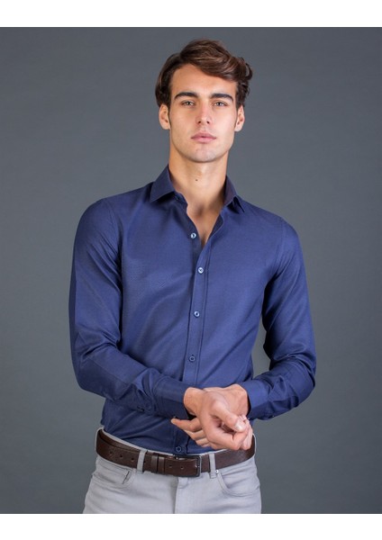 Slim Fit Armürlü Mavi Erkek Gömlek