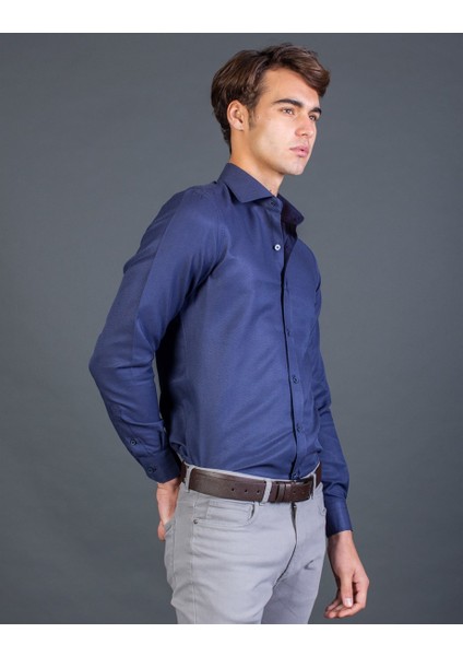 Slim Fit Armürlü Mavi Erkek Gömlek