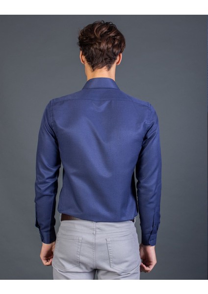 Slim Fit Armürlü Mavi Erkek Gömlek