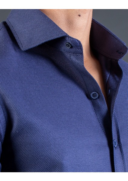 Slim Fit Armürlü Mavi Erkek Gömlek