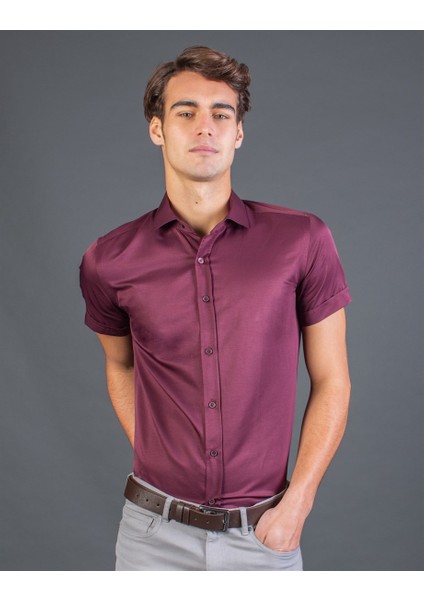 Slim Fit Kısa Kol Bordo Erkek Gömlek