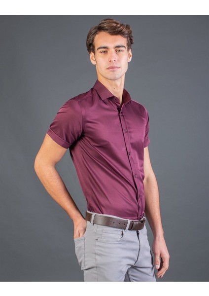 Slim Fit Kısa Kol Bordo Erkek Gömlek fiyatları