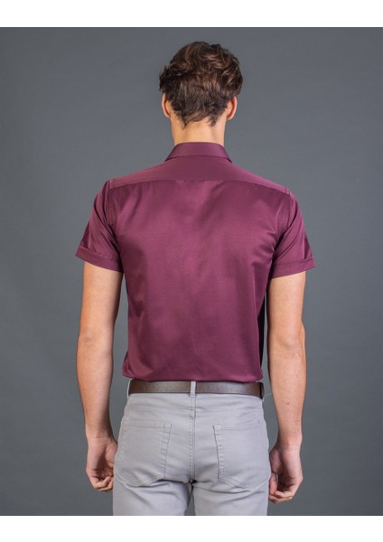 Slim Fit Kısa Kol Bordo Erkek Gömlek modelleri
