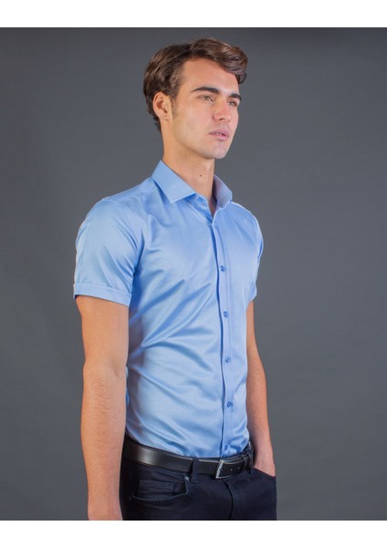 Slim Fit Kısa Kol Düz Mavi Erkek Gömlek fiyatları