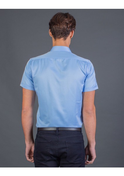 Slim Fit Kısa Kol Düz Mavi Erkek Gömlek modelleri
