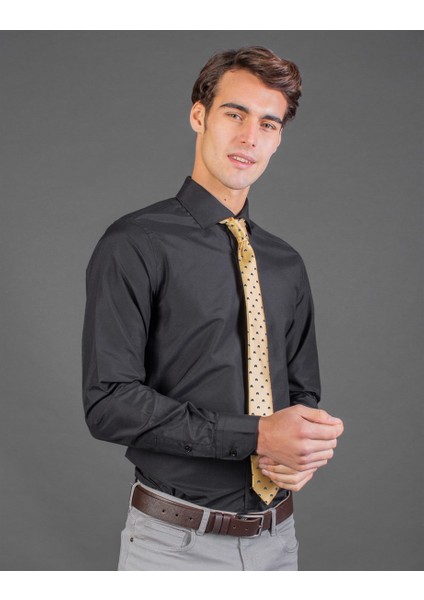 Slim Fit Düz Siyah Erkek Gömlek fiyatları