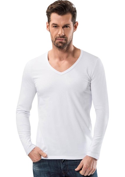 V Yaka Uzun Kollu Fit Kalıp T-Shirt 1166