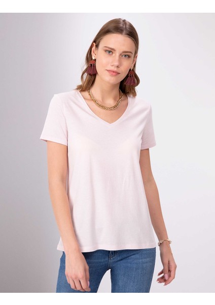 Kadın Toz Pembe Regular Fit V Yaka Tişört 50202619-VR050