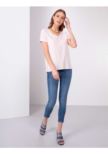 Kadın Toz Pembe Regular Fit V Yaka Tişört 50202619-VR050