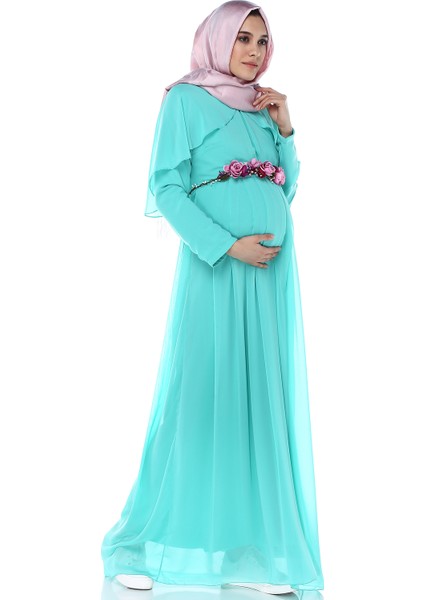 Baby Shower Melek Kol Tesettür Mint Yeşil Hamile Elbisesi