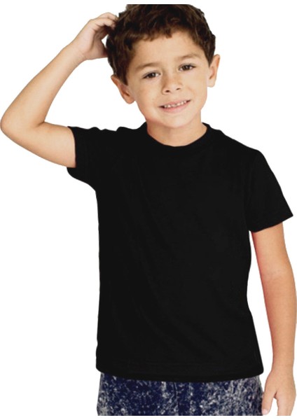 Düz Baskısız Basic Siyah Kısa Kollu Unisex Çocuk T-Shirt