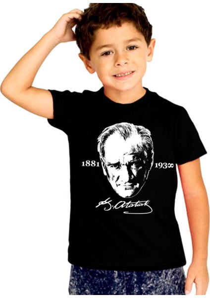 İmzalı Atatürk Siyah Kısa Kollu Unisex Çocuk T-Shirt