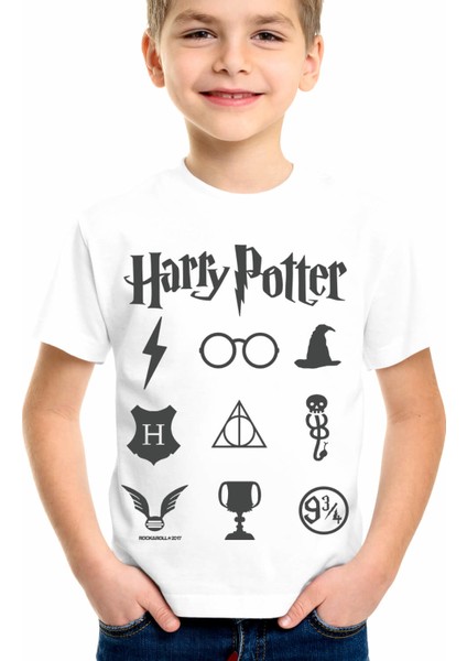 Hp Semboller Beyaz Kısa Kollu Unisex Çocuk T-Shirt
