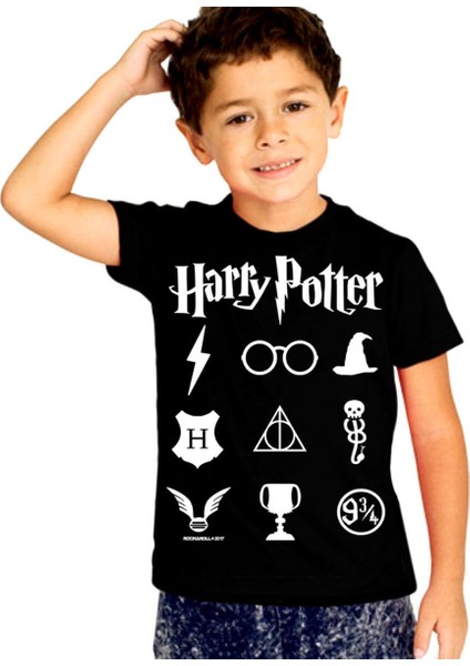 Hp Semboller Siyah Kısa Kollu Unisex Çocuk T-Shirt