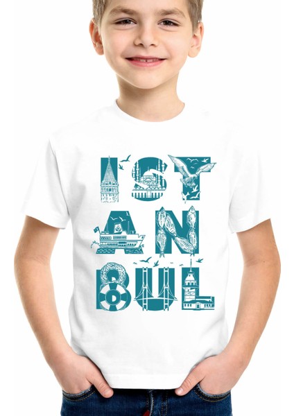 İstanbul Harfler Beyaz Kısa Kollu Unisex Çocuk T-Shirt