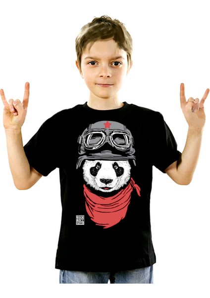 Bandanalı Panda Siyah Kısa Kollu Unisex Çocuk T-Shirt