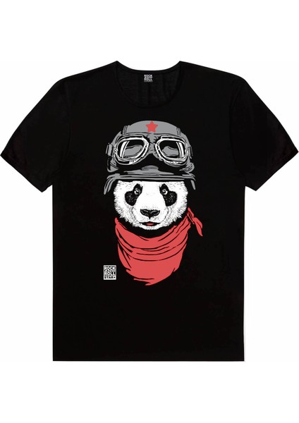 Bandanalı Panda Siyah Kısa Kollu Unisex Çocuk T-Shirt