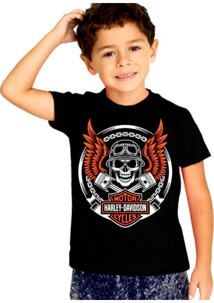 Motorcu Kurukafa Siyah Kısa Kollu Unisex Çocuk T-Shirt