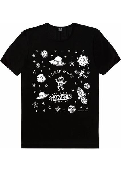 Uzayda Astronot Siyah Kısa Kollu Unisex Çocuk T-Shirt