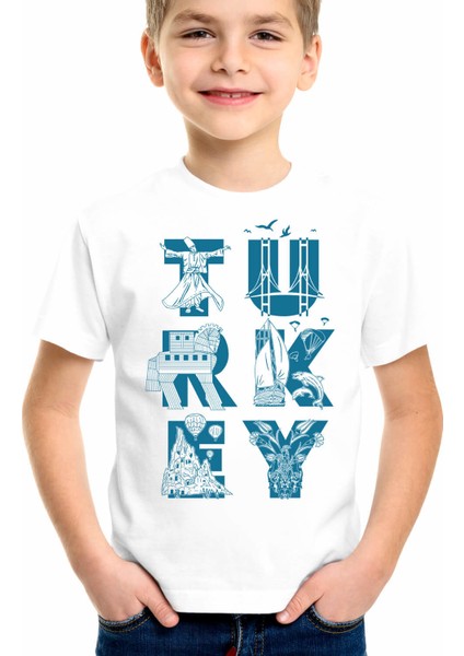 Türkiye Harfler Beyaz Kısa Kollu Unisex Çocuk T-Shirt