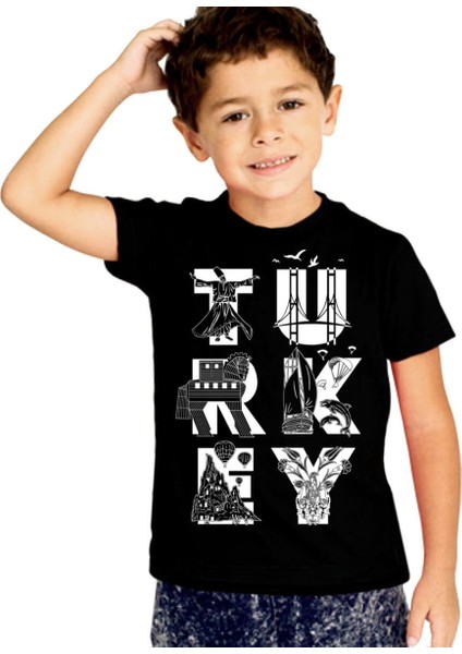Türkiye Harfler Siyah Kısa Kollu Unisex Çocuk T-Shirt