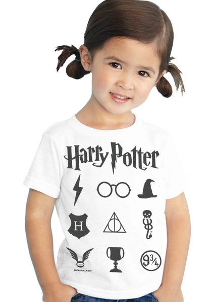 Hp Semboller Beyaz Kısa Kollu Unisex Çocuk T-Shirt