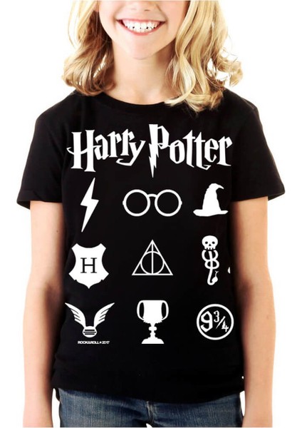 Hp Semboller Siyah Kısa Kollu Unisex Çocuk T-Shirt