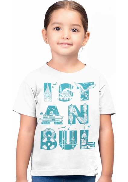 İstanbul Harfler Beyaz Kısa Kollu Unisex Çocuk T-Shirt