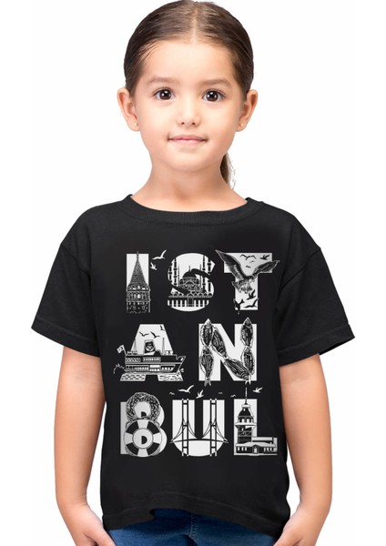 İstanbul Harfler Siyah Kısa Kollu Unisex Çocuk T-Shirt