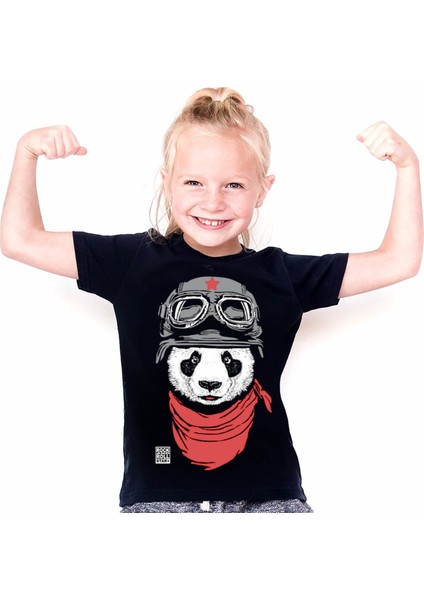 Bandanalı Panda Siyah Kısa Kollu Unisex Çocuk T-Shirt